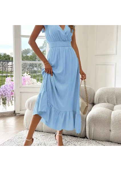 Kadın Kısa Kollu Kruvaze Yakalı Beli Lastikli Müslim Elbise modelleri