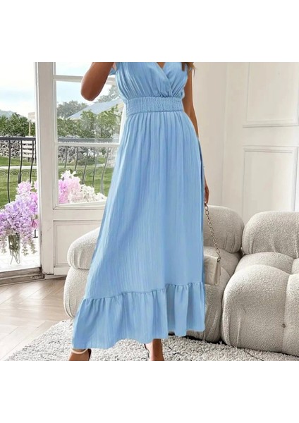 Kadın Kısa Kollu Kruvaze Yakalı Beli Lastikli Müslim Elbise fırsatları