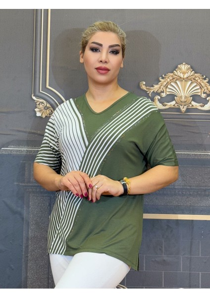 Bluz, Iki Pamuk Ipliği,baskılı Taş V Yaka Yüksek Kaliteli Yeşil ve Siyah Günlük Çizgili Kısa Kollu fırsatları