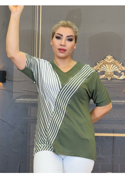 Bluz, Iki Pamuk Ipliği,baskılı Taş V Yaka Yüksek Kaliteli Yeşil ve Siyah Günlük Çizgili Kısa Kollu indirimleri