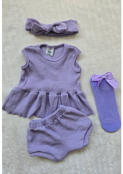 Lila Ribana Kız Çocuk Şort Bluz Bandana Lila File Çorap Set