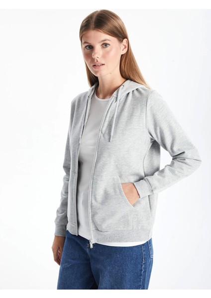 Lcwaıkıkı Basic Gri Kapüşonlu Düz Uzun Kollu Kadın Fermuarlı Sweatshirt