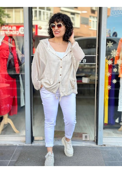 Kadın Oversize Çift Cepli Yıkamalı File Detay %100 Pamuk Gömlek Ceket Bej