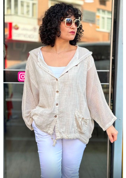 Kadın Oversize Çift Cepli Yıkamalı File Detay %100 Pamuk Gömlek Ceket Bej fiyatları