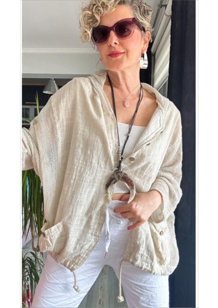 Kadın Oversize Çift Cepli Yıkamalı File Detay %100 Pamuk Gömlek Ceket Bej modelleri