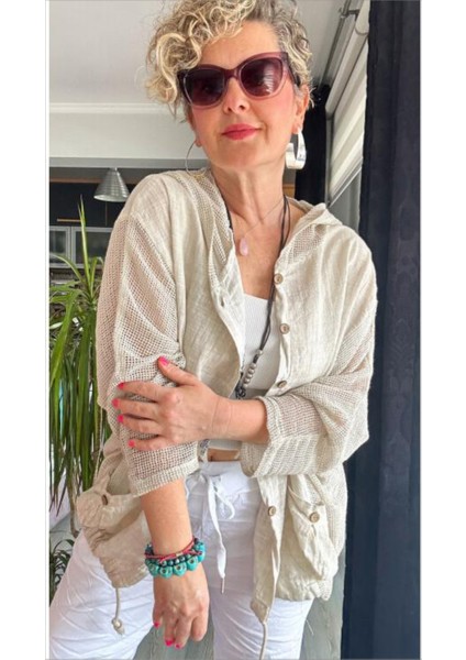 Kadın Oversize Çift Cepli Yıkamalı File Detay %100 Pamuk Gömlek Ceket Bej fırsatları