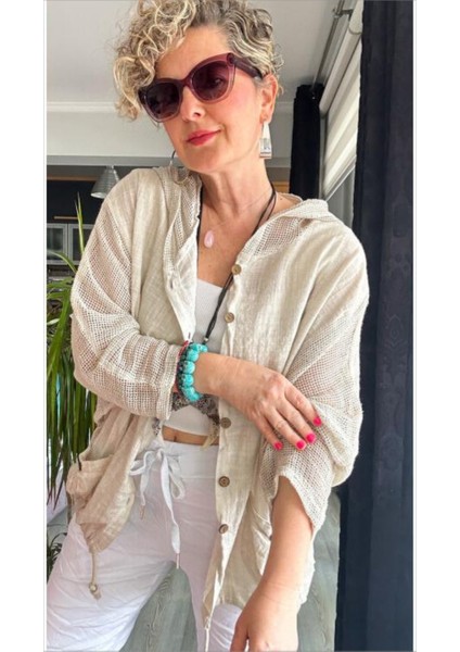 Kadın Oversize Çift Cepli Yıkamalı File Detay %100 Pamuk Gömlek Ceket Bej indirimleri