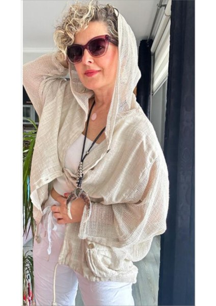 Kadın Oversize Çift Cepli Yıkamalı File Detay %100 Pamuk Gömlek Ceket Bej