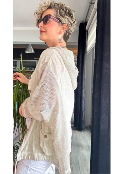 Kadın Oversize Çift Cepli Yıkamalı File Detay %100 Pamuk Gömlek Ceket Bej