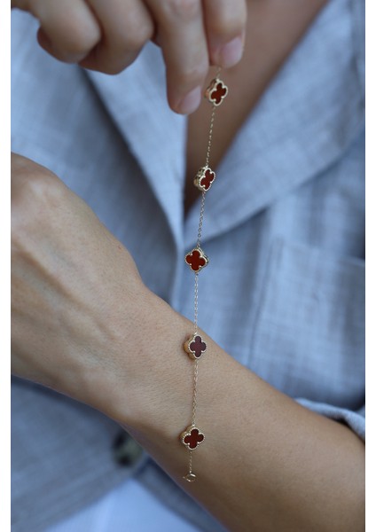 14 Ayar Altın Bordo Yoncalı Bileklik