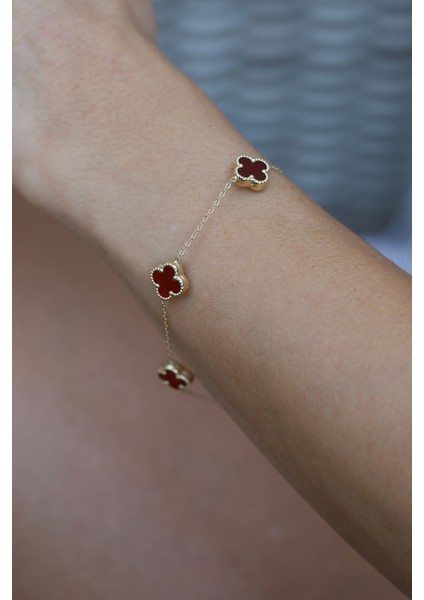 14 Ayar Altın Bordo Yoncalı Bileklik modelleri