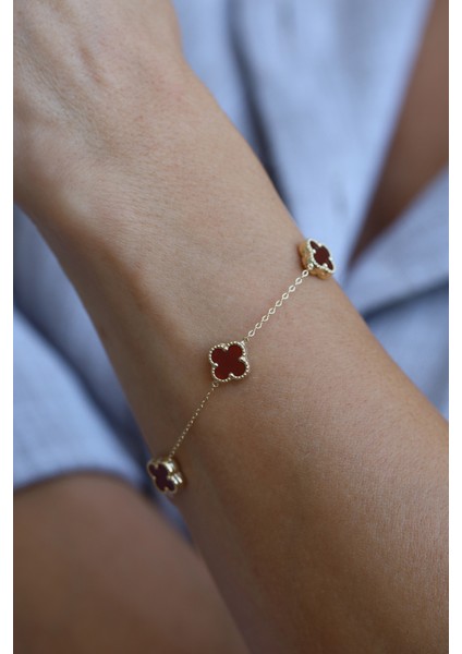 14 Ayar Altın Bordo Yoncalı Bileklik fırsatları