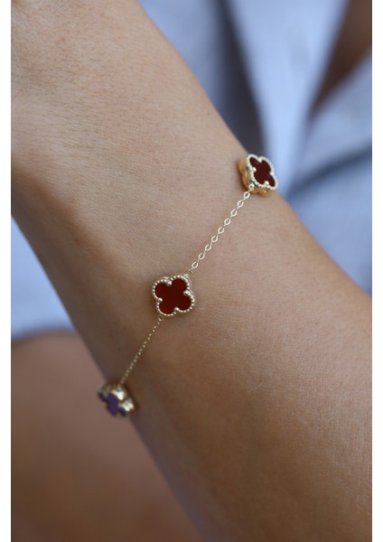 14 Ayar Altın Bordo Yoncalı Bileklik indirimleri