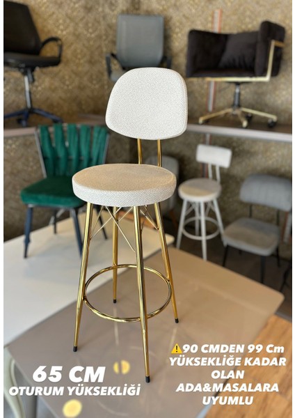 Yeni Teddy Kumaş Dolce Bar Sandalyesi Gold 65 cm EKRU.90 cmden 99 cm e kadar olan Ada&masalara Uyumlu