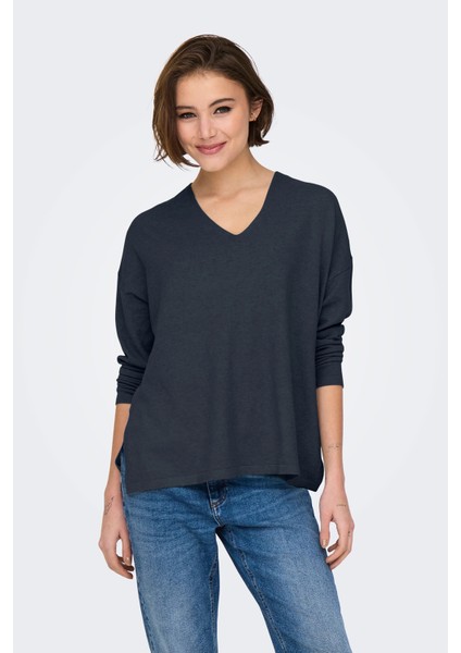 Kadın Onlamalıo Oversize V Yaka Örme Kazak 15340735 Lacivert