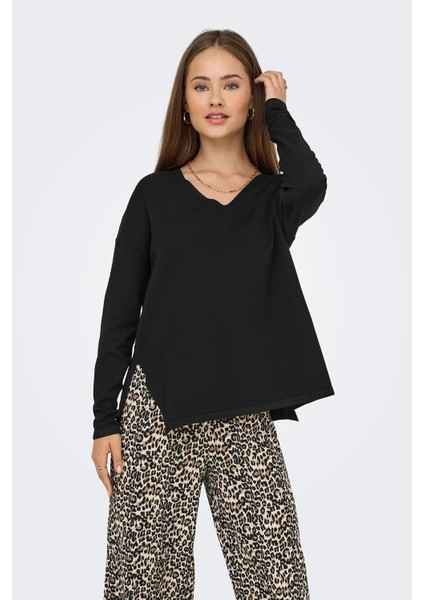 Kadın Onlamalıo Oversize V Yaka Örme Kazak 15340735 Siyah