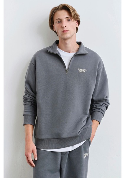 Erkek Logolu Yarı Fermuarlı Sweatshirt M0S10465-80776 Gri