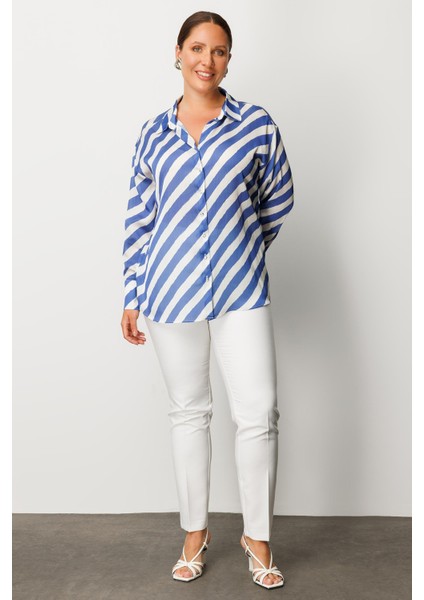 Moda Ilgi Kadın Büyük Beden Verevli Klasik Saten Gömlek 0002 Saks