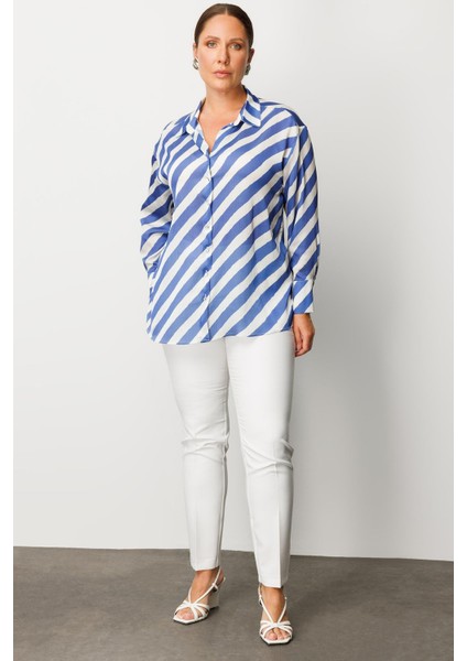 Moda Ilgi Kadın Büyük Beden Verevli Klasik Saten Gömlek 0002 Saks fiyatları