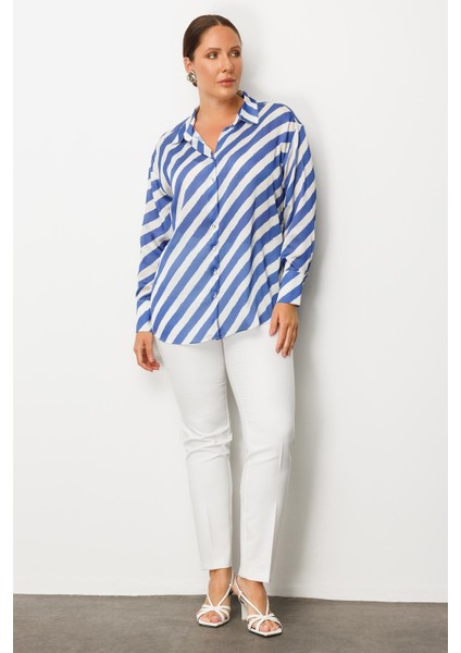 Moda Ilgi Kadın Büyük Beden Verevli Klasik Saten Gömlek 0002 Saks modelleri