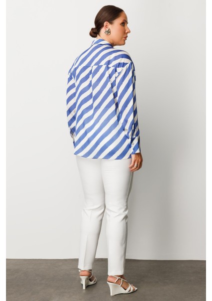 Moda Ilgi Kadın Büyük Beden Verevli Klasik Saten Gömlek 0002 Saks fırsatları