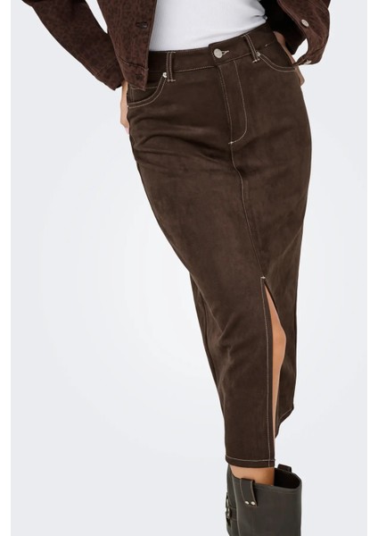 Kadın Onlstına Önden Yırtmaçlı Midi Süet Etek 15351259 Kahverengi modelleri