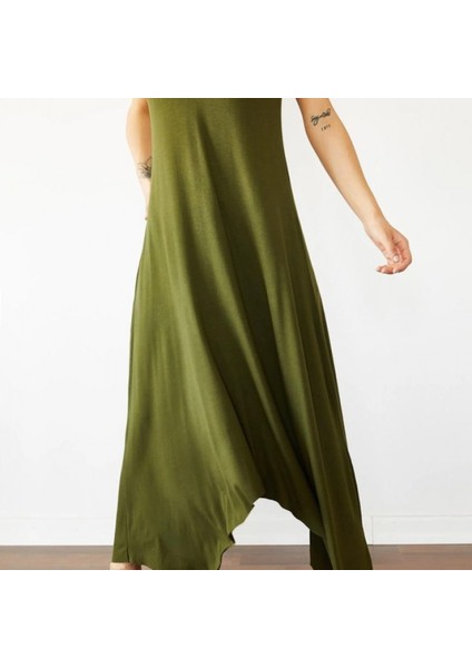 Kadın Çan Dokuma Kumaş V Yaka Asimetrik Kesim Elbise