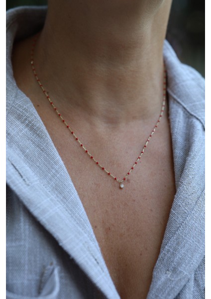 14 Ayar Altın Kırmızı Boncuklu ve Tek Taş Detaylı Set