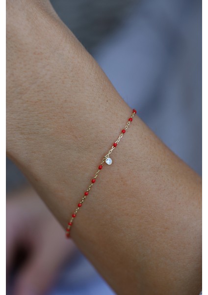 14 Ayar Altın Kırmızı Boncuklu ve Tek Taş Detaylı Set modelleri