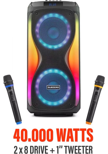 Büyük Boy Bluetooth Hoparlör 40000WATTS Speaker 8x2 Çift Hoparlör 2 Mikrofonlu 3600MAH Parti Boy