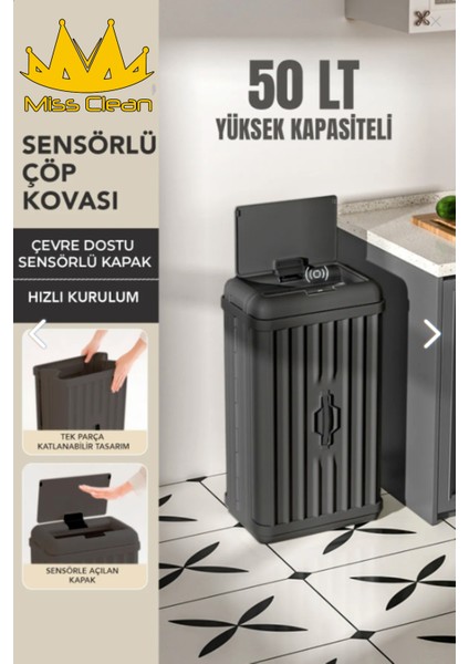 50 Litre Hareket Sensörlü Çöp Kovası Çok Amaçlı Portatif Katlanabilir Banyo ve Mutfak