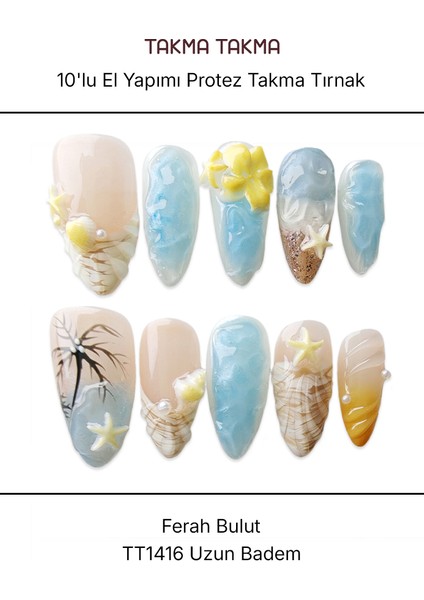 10'lu Renkli Uzun Badem TT1416 Tekrar Kullanılabilir El Yapımı Protez Takma Tırnak - Renkli-L fırsatları