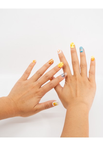 10'lu Kısa Yuvarlak Sarı TT1417 Tekrar Kullanılabilir El Yapımı Protez Takma Tırnak - Sarı-S