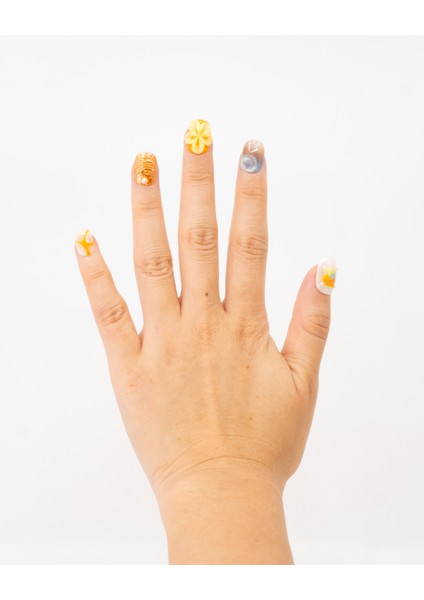 10'lu Kısa Yuvarlak Sarı TT1417 Tekrar Kullanılabilir El Yapımı Protez Takma Tırnak - Sarı-S