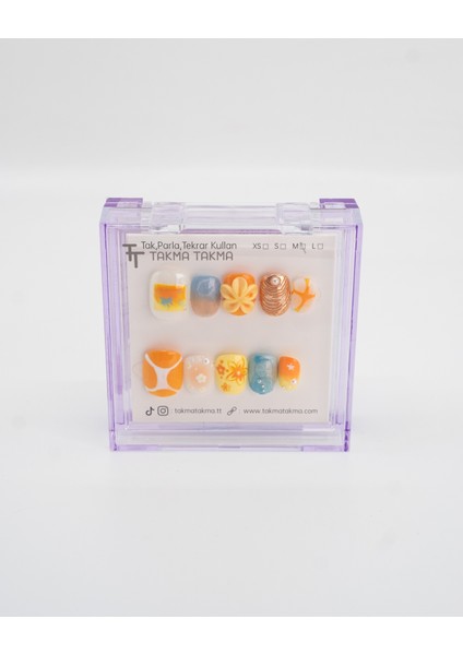 10'lu Kısa Yuvarlak Sarı TT1417 Tekrar Kullanılabilir El Yapımı Protez Takma Tırnak - Sarı-S