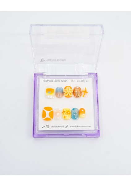 10'lu Kısa Yuvarlak Sarı TT1417 Tekrar Kullanılabilir El Yapımı Protez Takma Tırnak - Sarı-S