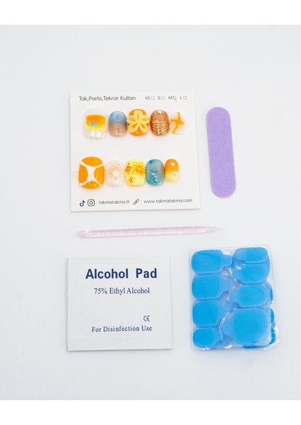 10'lu Kısa Yuvarlak Sarı TT1417 Tekrar Kullanılabilir El Yapımı Protez Takma Tırnak - Sarı-S