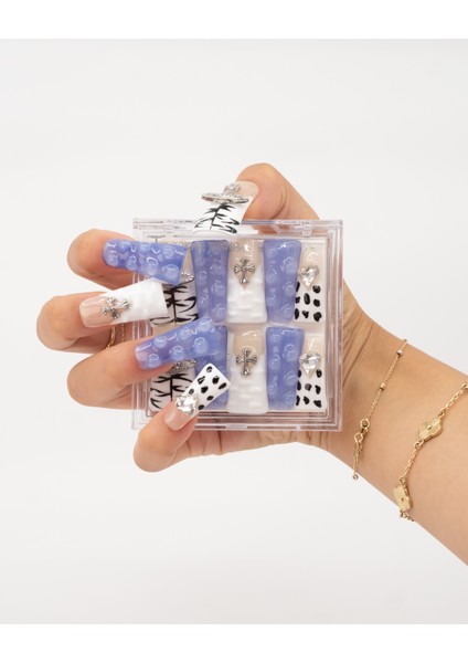 10'lu Mavi Extra Extra Extra TT1435 Tekrar Kullanılabilir El Yapımı Protez Takma Tırnak - Mavi-M