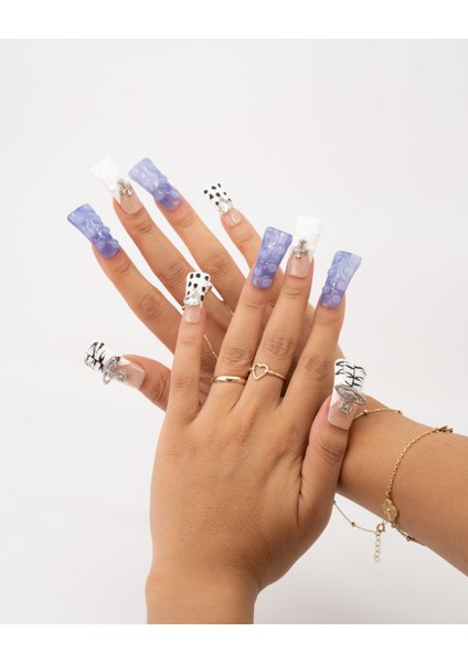 10'lu Mavi Extra Extra Extra TT1435 Tekrar Kullanılabilir El Yapımı Protez Takma Tırnak - Mavi-M
