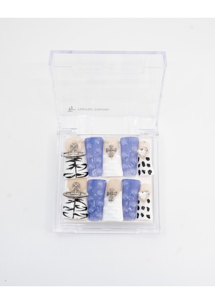 10'lu Mavi Extra Extra Extra TT1435 Tekrar Kullanılabilir El Yapımı Protez Takma Tırnak - Mavi-M