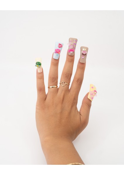 10'lu Renkli Extra Extra Extra TT1437 Tekrar Kullanılabilir El Yapımı Protez Takma Tırnak - Renkli-L