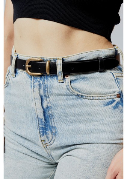 Hakiki Deri Kadın Kemer 2,5 cm Eskitme Sarı Tokalı