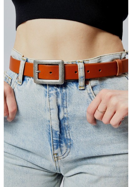 Hakiki Deri Kadın Kemeri 3cm Eskitme Toka Taba