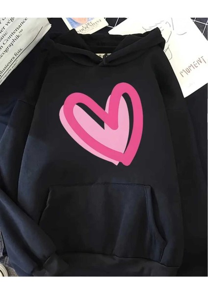 Kalp Fuşya Pembe Baskılı Kapüşonlu Cepli Pamuklu Siyah Sweatshirt