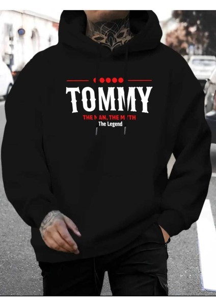 Tommy The Legend Baskılı Kapüşonlu Cepli Içi Yünlü Siyah Sweatshirt