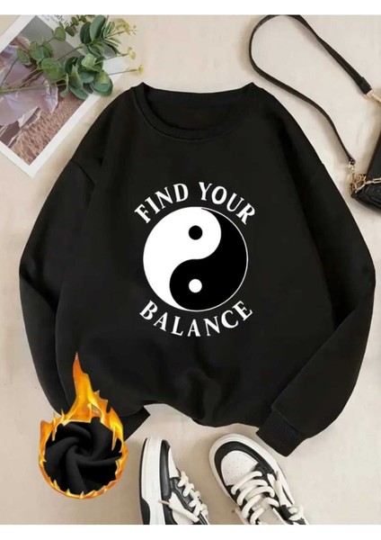 Find Your Balance Baskılı Bisiklet Yaka Siyah Sweatshirt