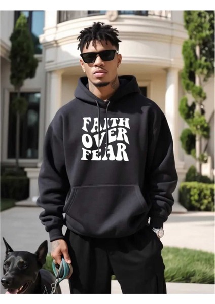 Faith Over All Baskılı Kapüşonlu Cepli Pamuklu Siyah Sweatshirt