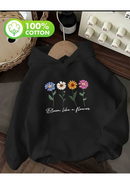 Bloom Flower Baskılı Kapüşonlu Cepli Pamuklu Siyah Sweatshirt