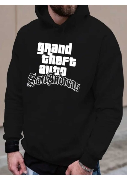 Gta San Andreas Baskılı Kapüşonlu Cepli Içi Yünlü Siyah Sweatshirt