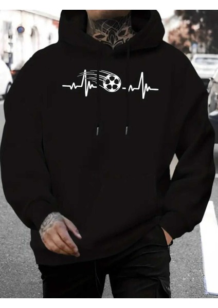 Soccer Rythm Baskılı Kapüşonlu Cepli Içi Yünlü Siyah Sweatshirt